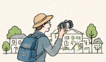 街を歩いて地域の話を見つけるイラスト